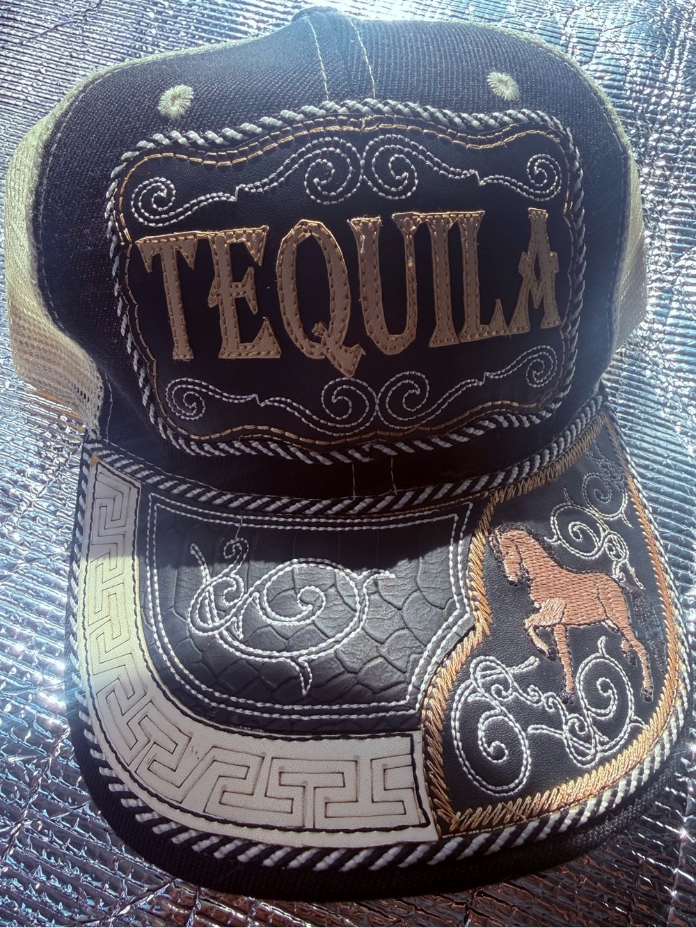 Tequila Embroidered Trucker Cap in Black & Tan
